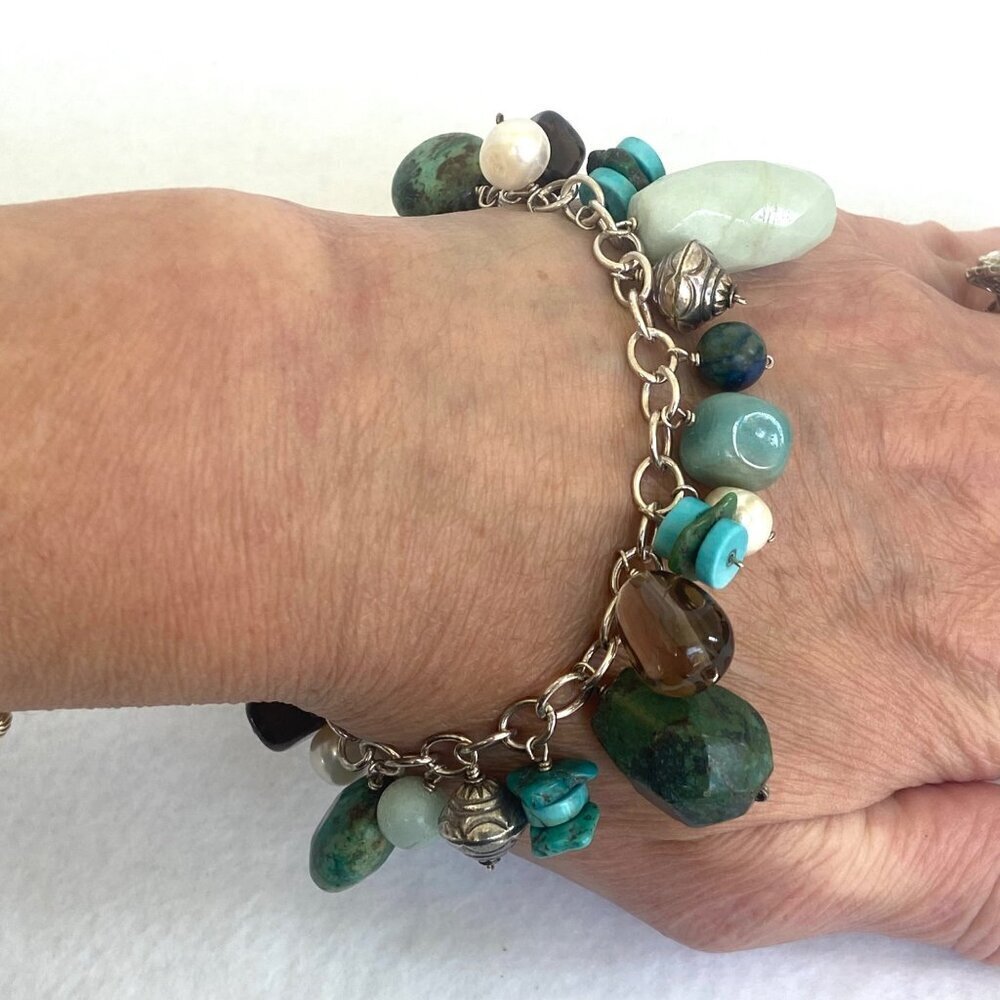 Sterling Silver 925 Beaded Multistone Turquoise Cable Chain Charm Bracelet 7.5"